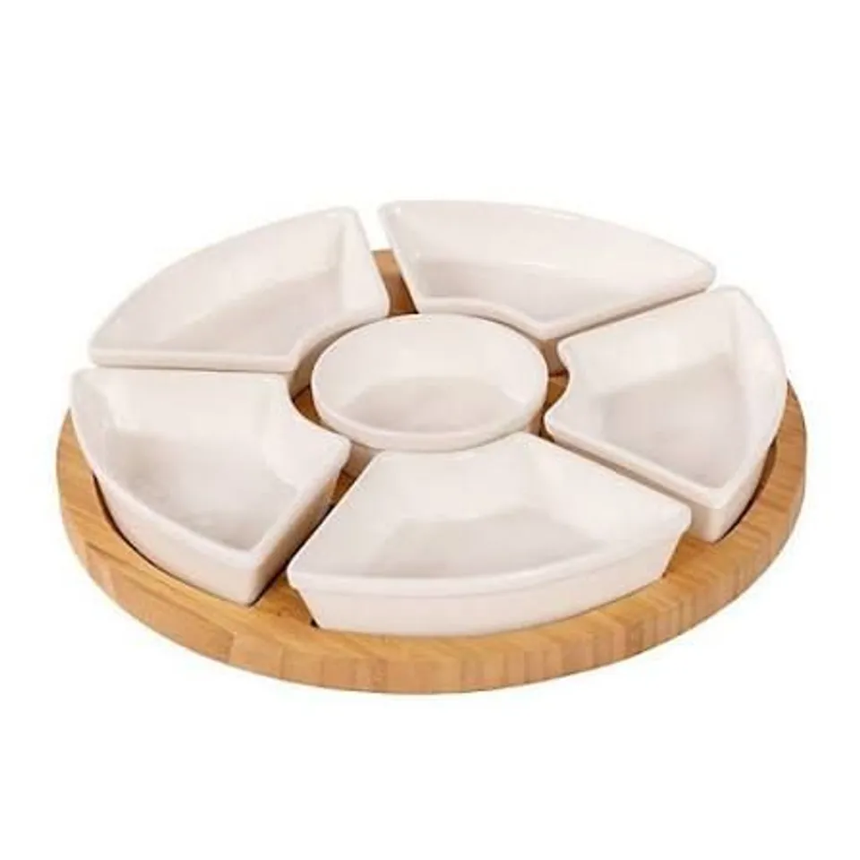 BOXED ROTATING BAMBOO LAZY SUSAN SNACK BOWL SERVING PLATTER WITH CERAMIC DISHES