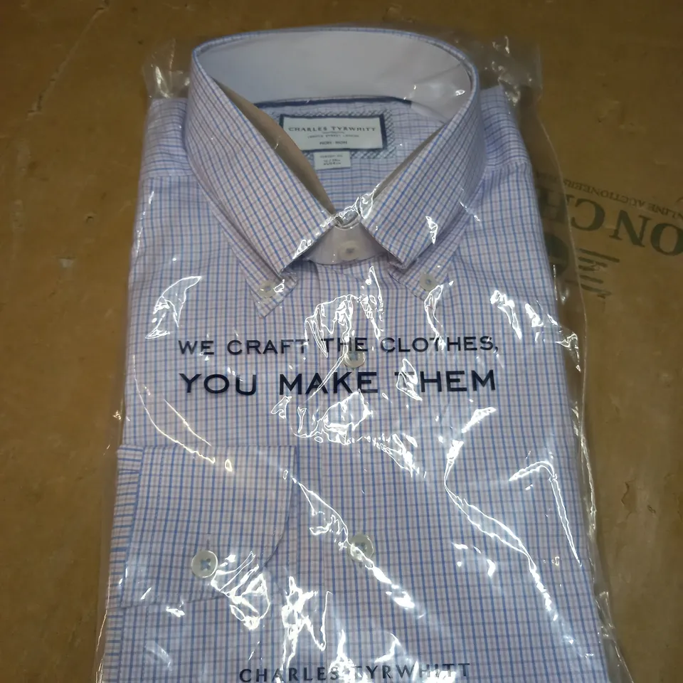 CHARLES TYRWHITT VIOLET PURPLE NON IRON BUTTON DOWN OXFORD GINGHAM CHECK CLASSIC FIT SHIRT SIZE 16