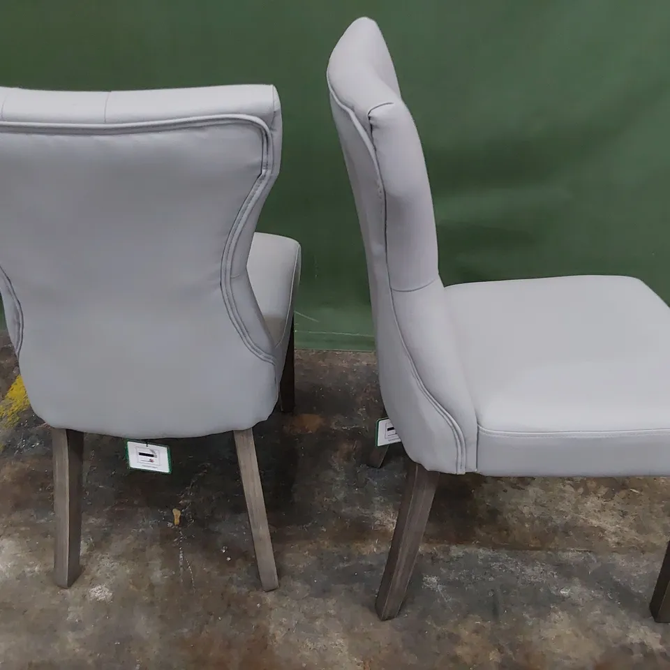 PAIR UPHOLSTERED BUTTONED BACK DINING CHAIRS GREY PU ON DARK WOOD LEGS 