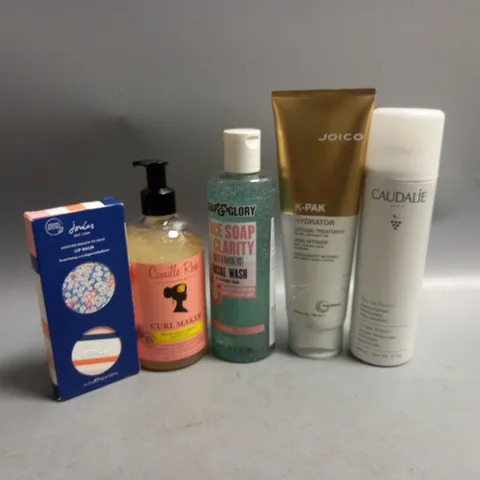 5 ASSORTED HEALTH AND BEAUTY PRODUCTS TO INCLUDE JOICO K-PAK HYDRATOR, CAUDALIE GRAPE WATER, SOAP & GLORY FACIAL WASH, CAMILLE ROSE CURL MAKER, JOULES LIP BALM