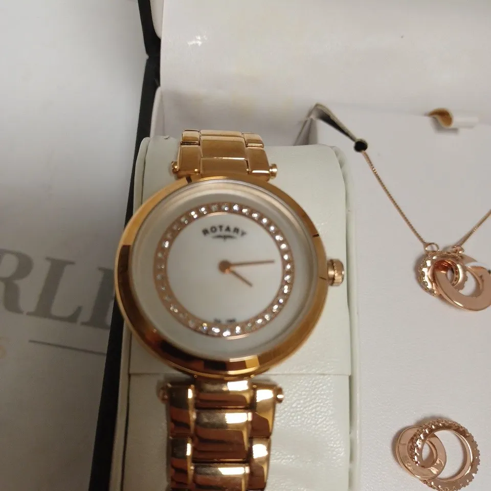 BOXED ROTARY LADIES WATCH AND JEWELLERY SET IN ROSE GOLD - WATCH, EARRINGS AND NECKLACE