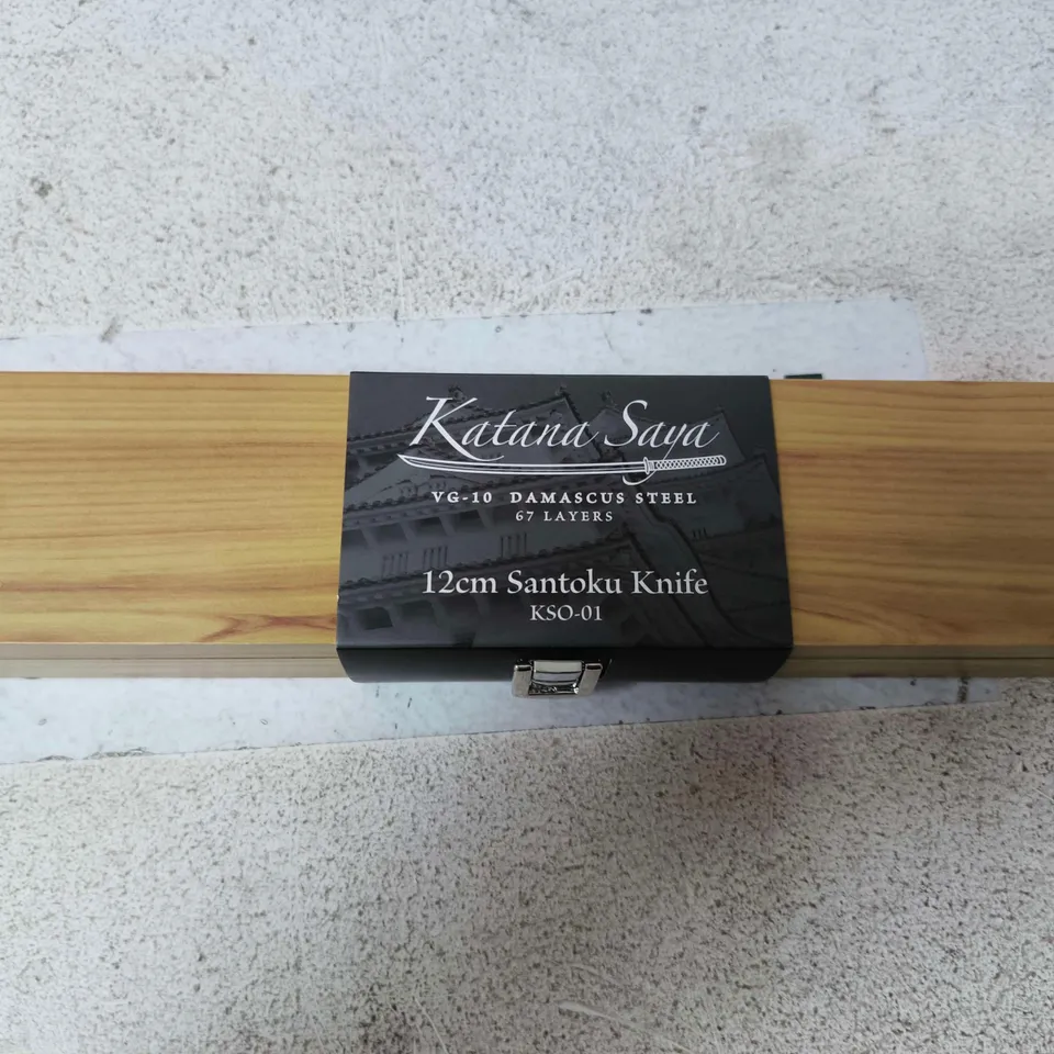 KATANA SAGA 12CM SANTOKU KNIFE VG-10 DAMASCUS, 67-LAYER BLADE, IN WOODEN PRESENTATION BOX