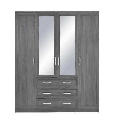 BOXED GRADE 1 CAMBERLEY DARK OAK-EFFECT 4-DOOR 3-DRAWER MIRRORED WARDROBE (2 BOXES)