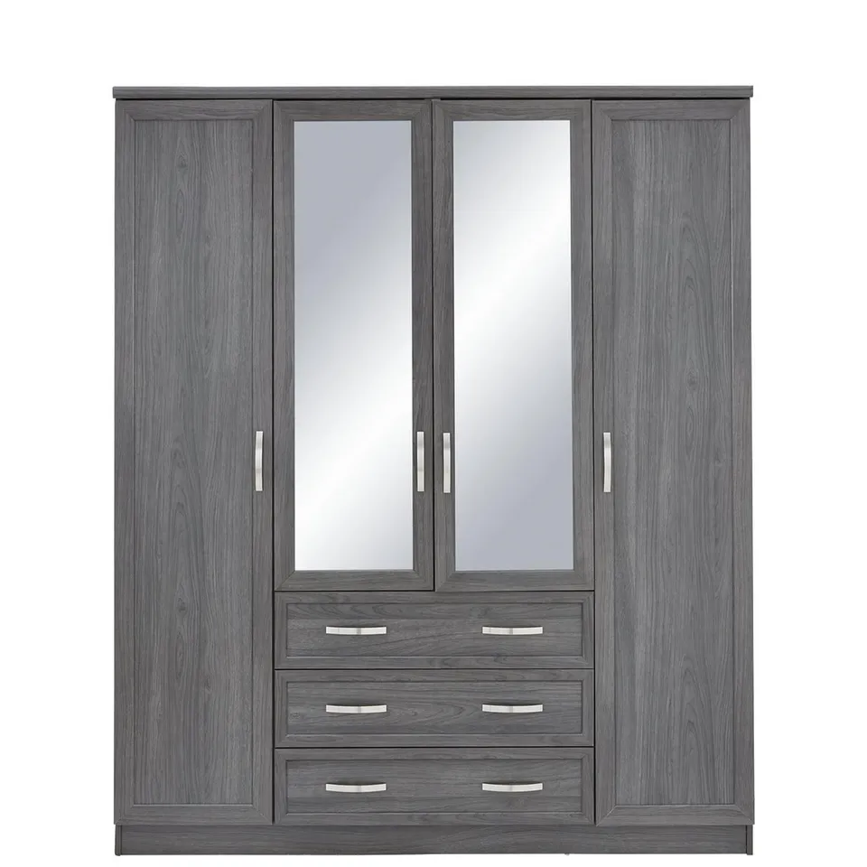 BOXED GRADE 1 CAMBERLEY DARK OAK-EFFECT 4-DOOR 3-DRAWER MIRRORED WARDROBE (2 BOXES) RRP £359