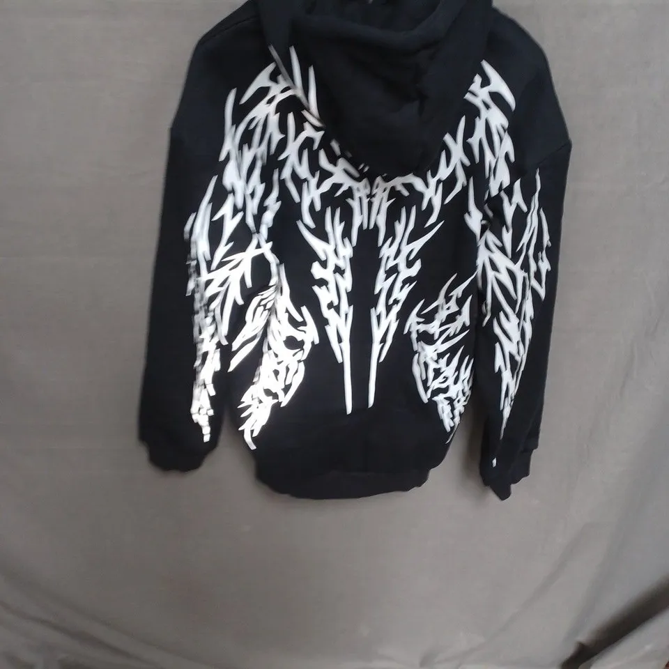444 BLACK HOODIE – WHITE GRAPHIC PRINTS, SIZE XL