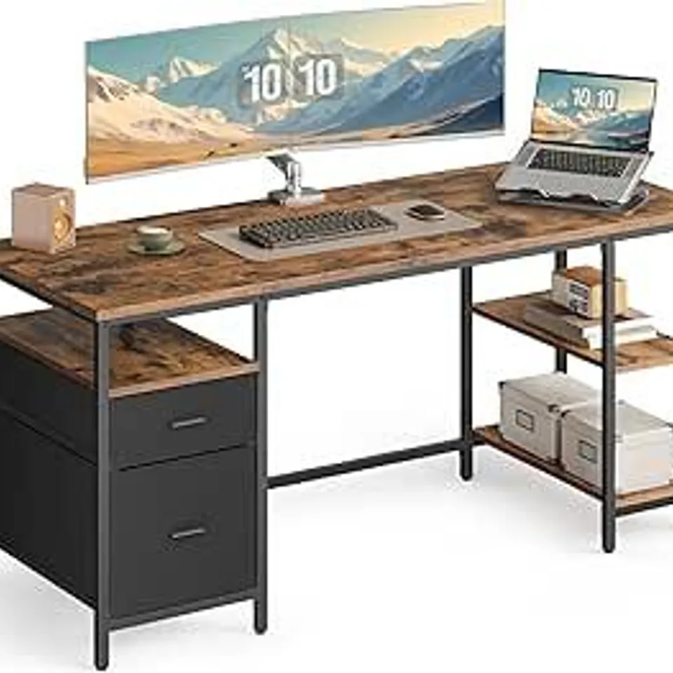 BOXED VASAGLE DESK, COMPUTER TABLE, OFFICE TABLE, WITH 3 SHELVES | LWD105K01V1 OFFICE TABLE WITH 3 SHELVES, 2 DRAWERS, 160 X 60 X 76 CM, RUSTIC BROWN AND MATTE BLACK