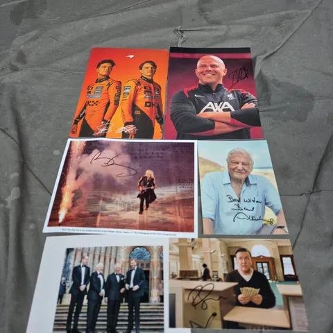 LOT OF APPROXIMATELY 20 ASSORTED SIGNED PHOTOS AND POST CARDS TO INCLUDE DAVID ATTTENBOROUGH, RICKY GERVAIS AND BRIAN MAY