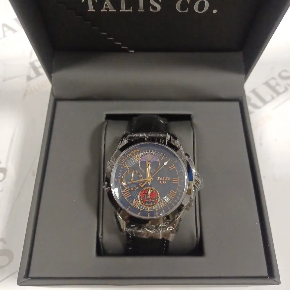 TALIS CO MEN'S BLACK LEATHER STRAP TRIPLE DIAL WRISTWATCH 