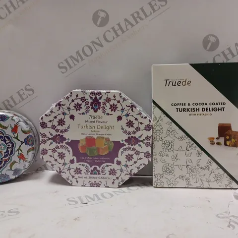BOX OF 3 ASSORTED TRUEDE PRODUCTS TO INCLUDE - COFFEE & COCOA COATED TURKISH DELIGHT - TURKISH DELIGHT - TURKISH DELIGHTS ROSE & LEMON