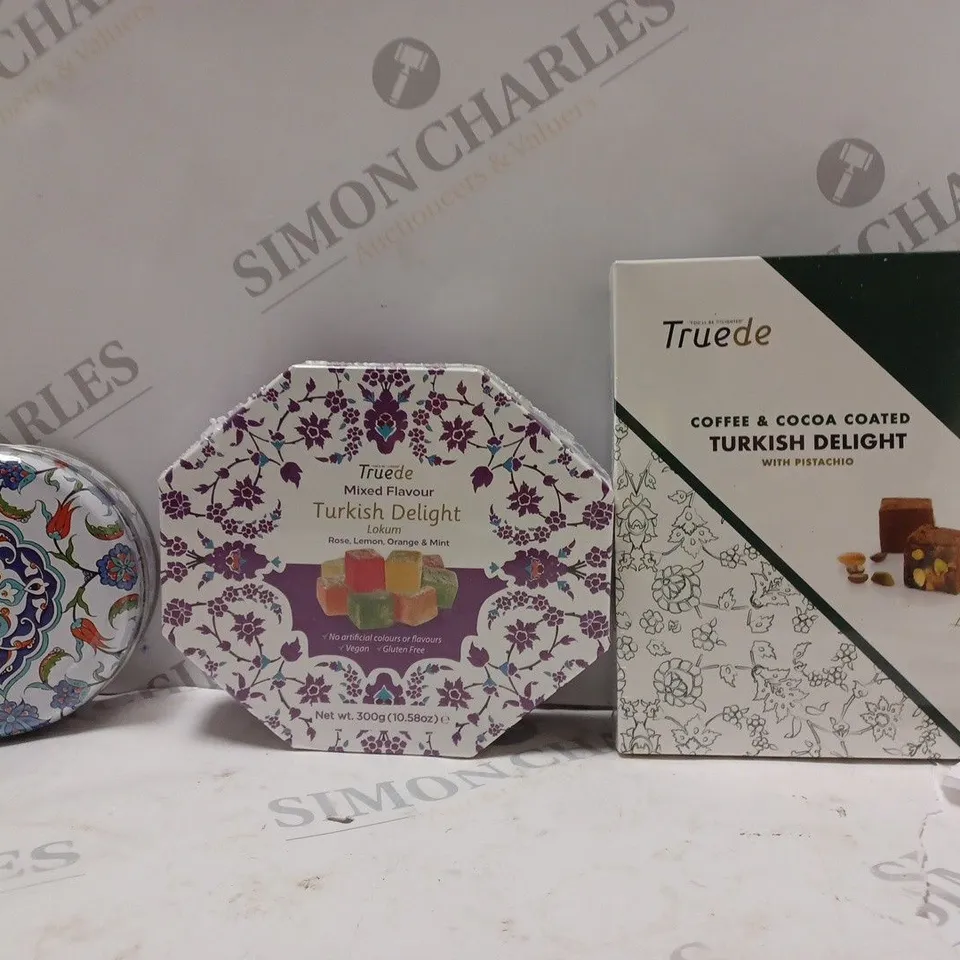 BOX OF 3 ASSORTED TRUEDE PRODUCTS TO INCLUDE - COFFEE & COCOA COATED TURKISH DELIGHT - TURKISH DELIGHT - TURKISH DELIGHTS ROSE & LEMON 