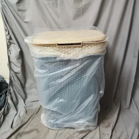 2 PLASTIC LAUNDRY HAMPERS/BINS, CREAM AND BLUE WITH LIDS