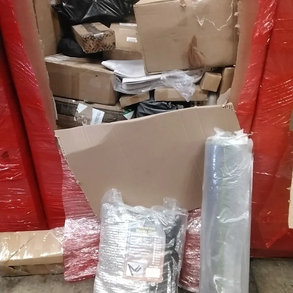 PALLET OF ASSORTED HOUSEHOLD GOODS AND PRODUCTS TO INCLUDE; ARTIFICIAL GRASS, SHADE CLOTH, BOXED FURNITURE ETC
