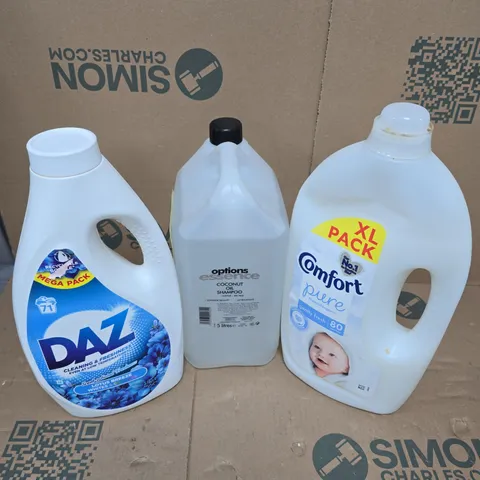 APPROXIMATELY 5 ASSORTED HOUSEHOLD LIQUID PRODUCTS TO INCLUDE COMFORT PURE, OPTIONS ESSENCE COCNUT OIL SHAMPOO, DAZ, ETC - COLLECTION ONLY