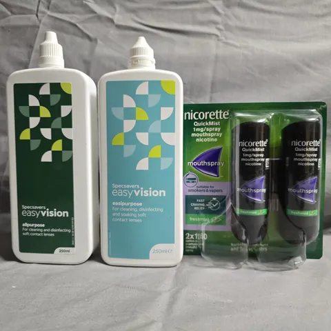 APPROXIMATELY 18 ASSORTED ITEMS TO INCLUDE NICORETTE QUICKMIST MOUTH SPRAY (2 X 1MG) + SPECSAVERS EASYVISION CONTACT LENS SOLUTION (2 X 250ML), ETC