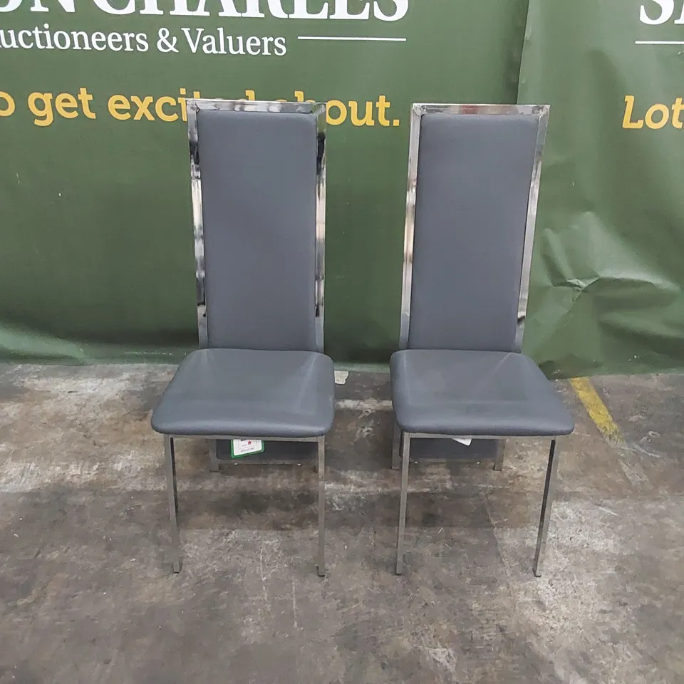 SET OF 2 CELESTE GREY LEATHER AND CHROME DINING CHAIRS