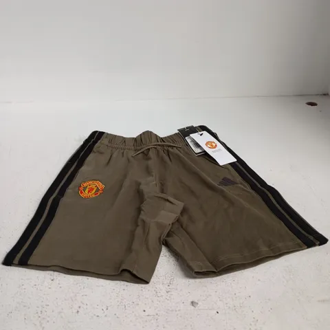 ADIDAS MANCHESTER UNITED FOOTBALL SHORTS – KIDS, KHAKI WITH BLACK SIDE STRIPES AGE 11 - 12 YEARS