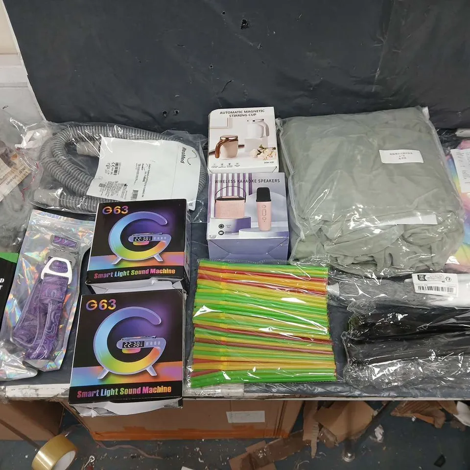 BOX OF APPROX 15 ASSORTED ITEMS TO INCLUDE - SMART LIGHT SOUND MACHINE, LED WALL LIGHTS, AND KARAOKE MACHINE ETC. 