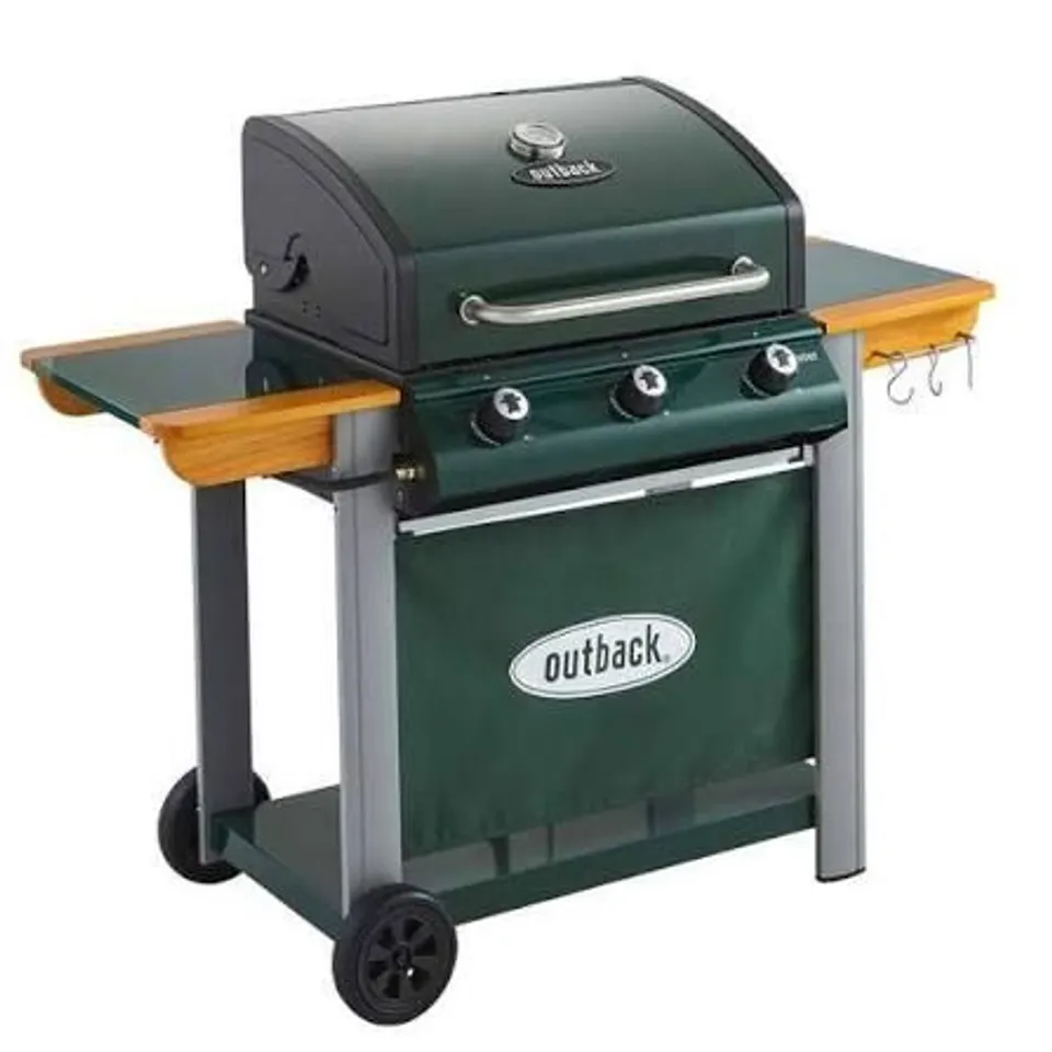 BOXED OUTBACK HUNTER 3-BURNER HYBRID GAS & CHARCOAL BBQ - GREEN