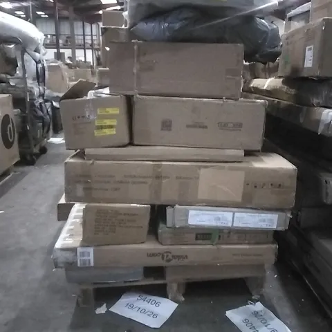 PALLET OF INCOMPLETE ASSORTED FURNITURE ITEMS; LANCASTER DRAWER SET, DESK CHAIR, WARDROBE
