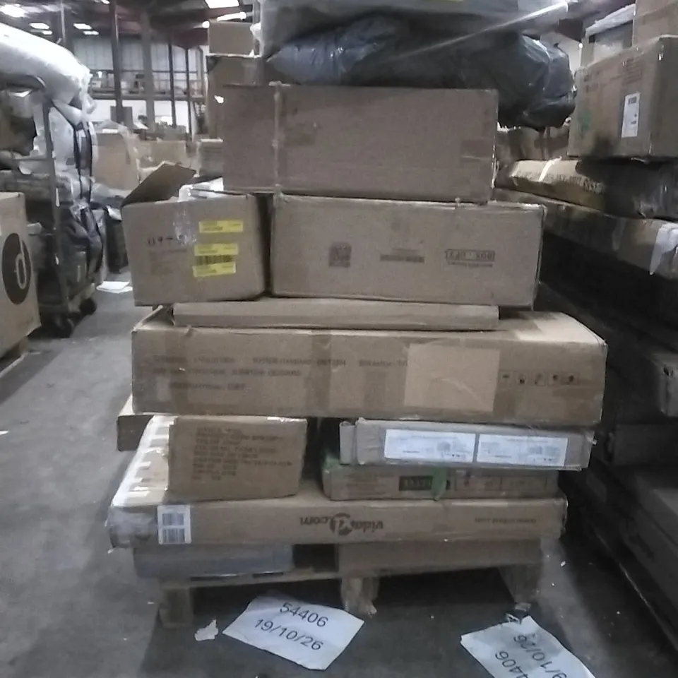 PALLET OF INCOMPLETE ASSORTED FURNITURE ITEMS; LANCASTER DRAWER SET, DESK CHAIR, WARDROBE