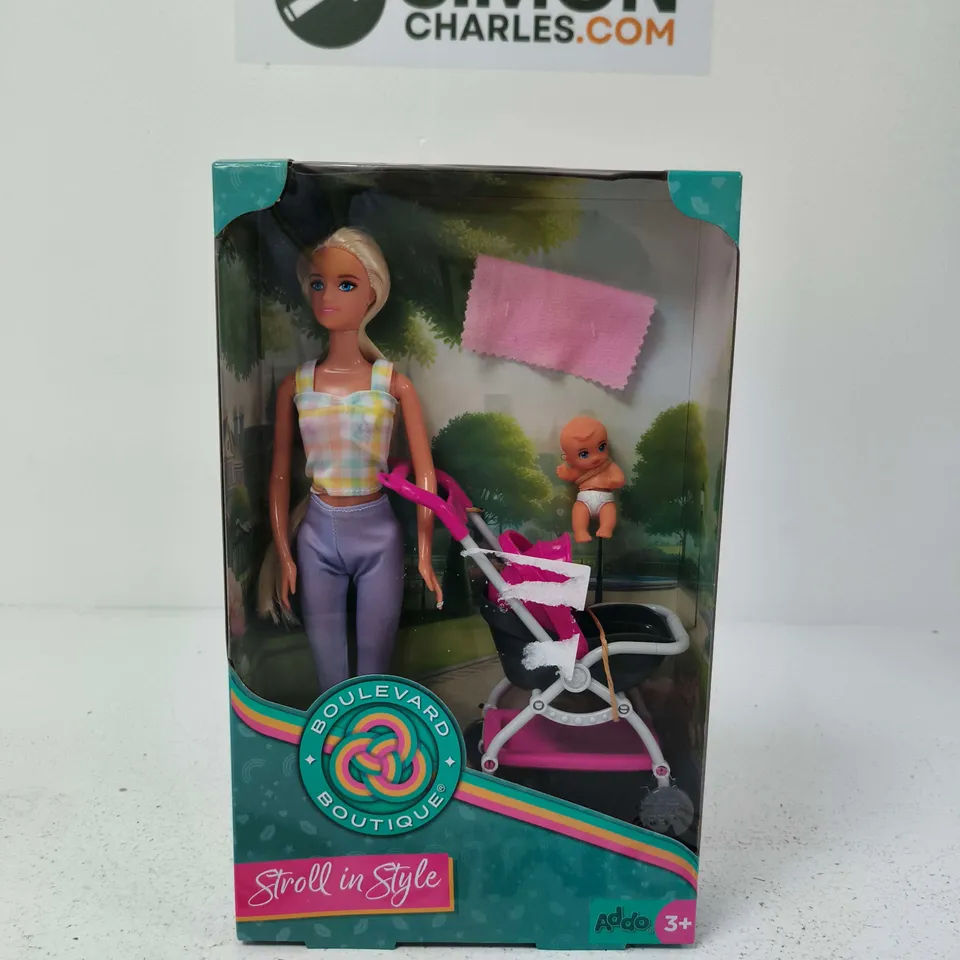 BOULEVARD BOUTIQUE FASHION DOLL WITH BABY STROLLER – BOXED, 3+