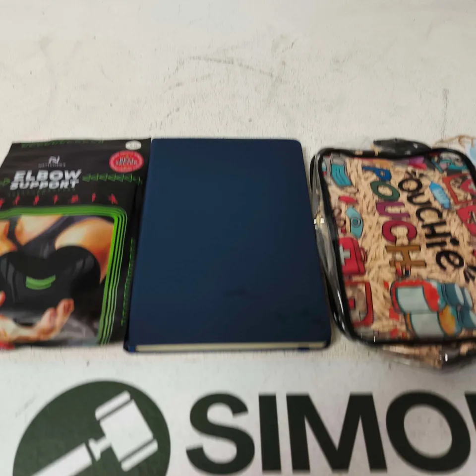 APPROXIMATELY 10 ASSORTED HOUSEHOLD PRODUCTS TO INCLUDE ELBOW SUPPORT , NOTEBOOK AND OUCHIE POUCH