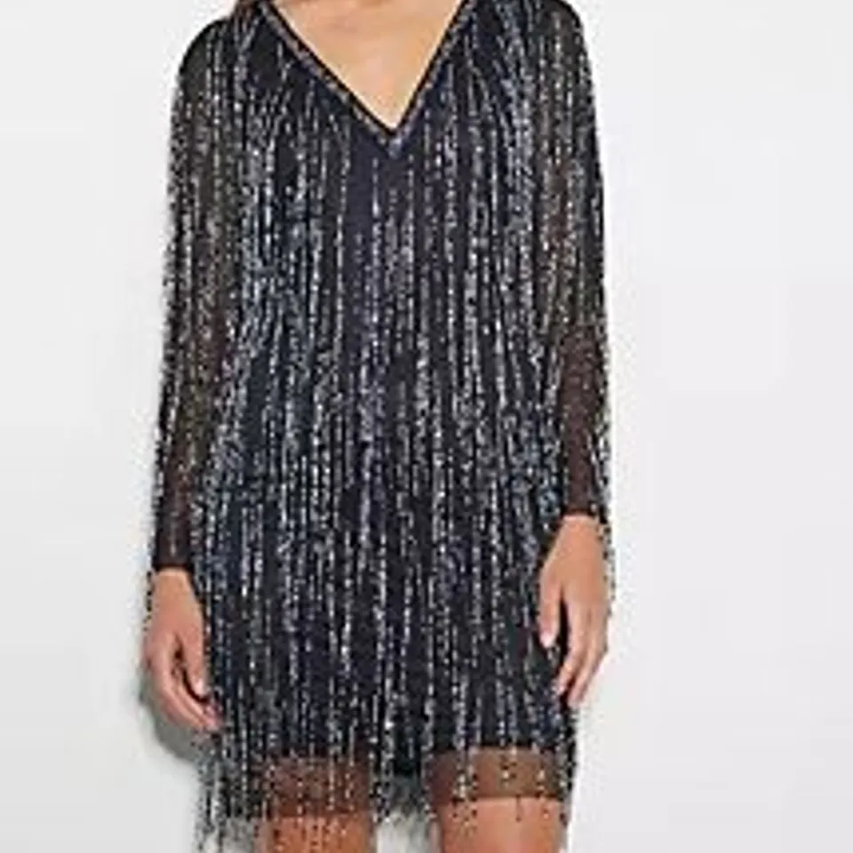 MONSOON SYLVIA SHORT EMBELLISHED FRINGE DRESS BLACK SIZE 14