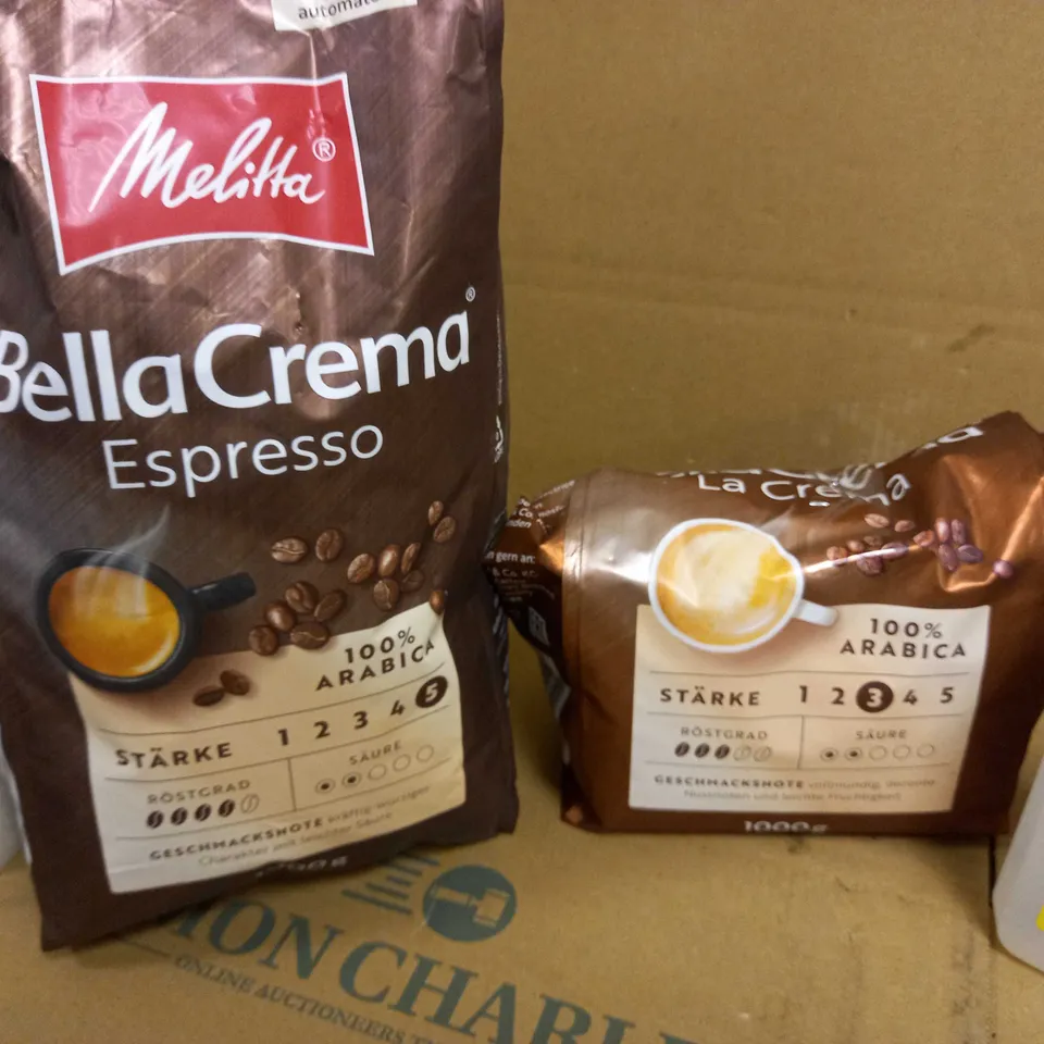 BOX OF ASSORTED COFFEE AND COFFEE MACHINE CLEANING PRODUCTS