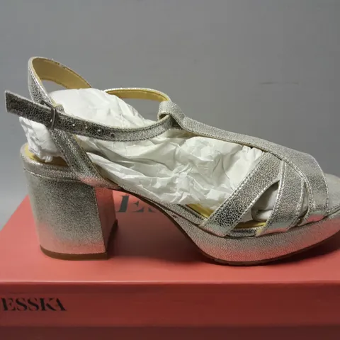 BOXED PAIR OF ESSKA CHARLIE HEELS IN VEGAN SILVER - SIZE 38