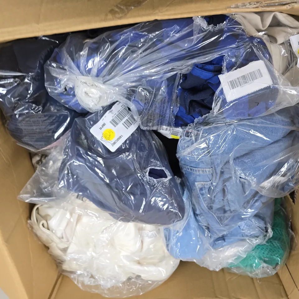 LARGE BOX OF APPROX 15 ASSORTED CLOTHING ITEMS IN VARIOUS SIZES , STYLES AND COLORS