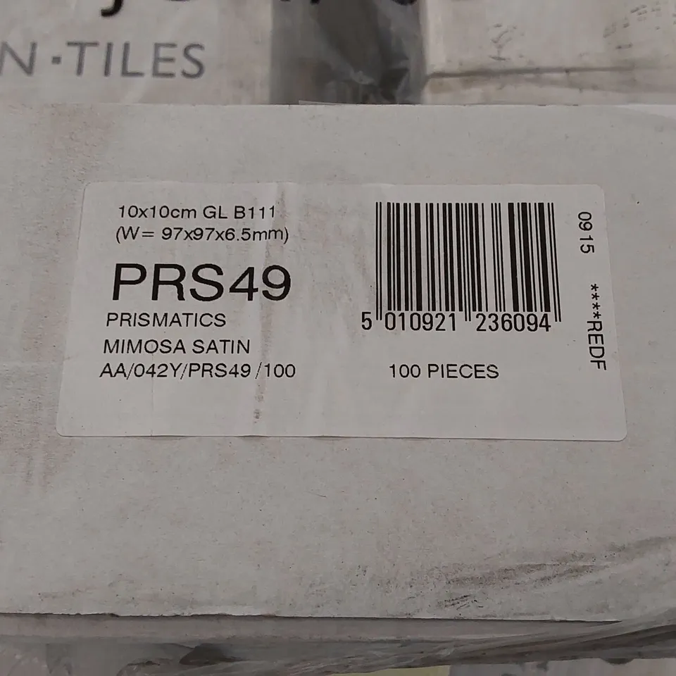 PALLET TO CONTAIN APPROX 84 X PACKS OF JOHNSON TILES PRISMATICS MIMOSA SATIN GLAZED WALL TILES - 100 TILES PER PACK // TILE SIZE: 97 X 97 X 6.5mm