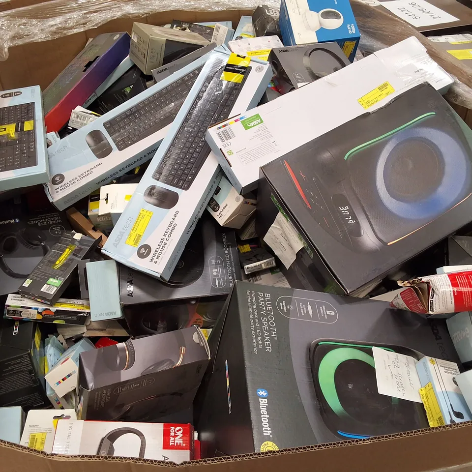 PALLET CONTAINING ASSORTED ELECTRICAL RETURNS INCLUDING BLUETOOTH PARTY SPEAKER, AERIAL, WIRELESS HEADPHONES, WIRELESS KEYBOARD & TOKYO PORTABLE DIGITAL RADIO