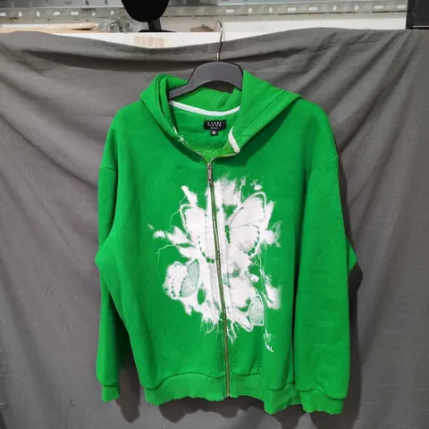 GREEN ZIP HOODIE WITH WHITE FLORAL PRINT – SIZE M (BRAND: MAN, BOOHOO