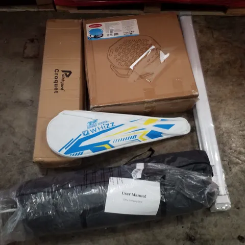 PALLET CONTAINING ASSORTED PRODUCTS INCLUDING CROQUET, KIDBLOOM, BADMINTON RACKET, CAMPING TENT & ROLLER BLIND