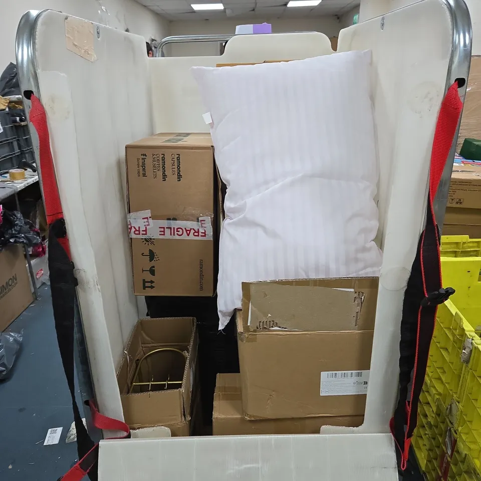 CAGE OF APPROXIMATELY 10 HOUSEHOLD ITEMS INCLUDING XMAS TREE BASE, PILLOW, PLASTIC DRINKING GLASSES, TOILET PAPER AND DISPENSER