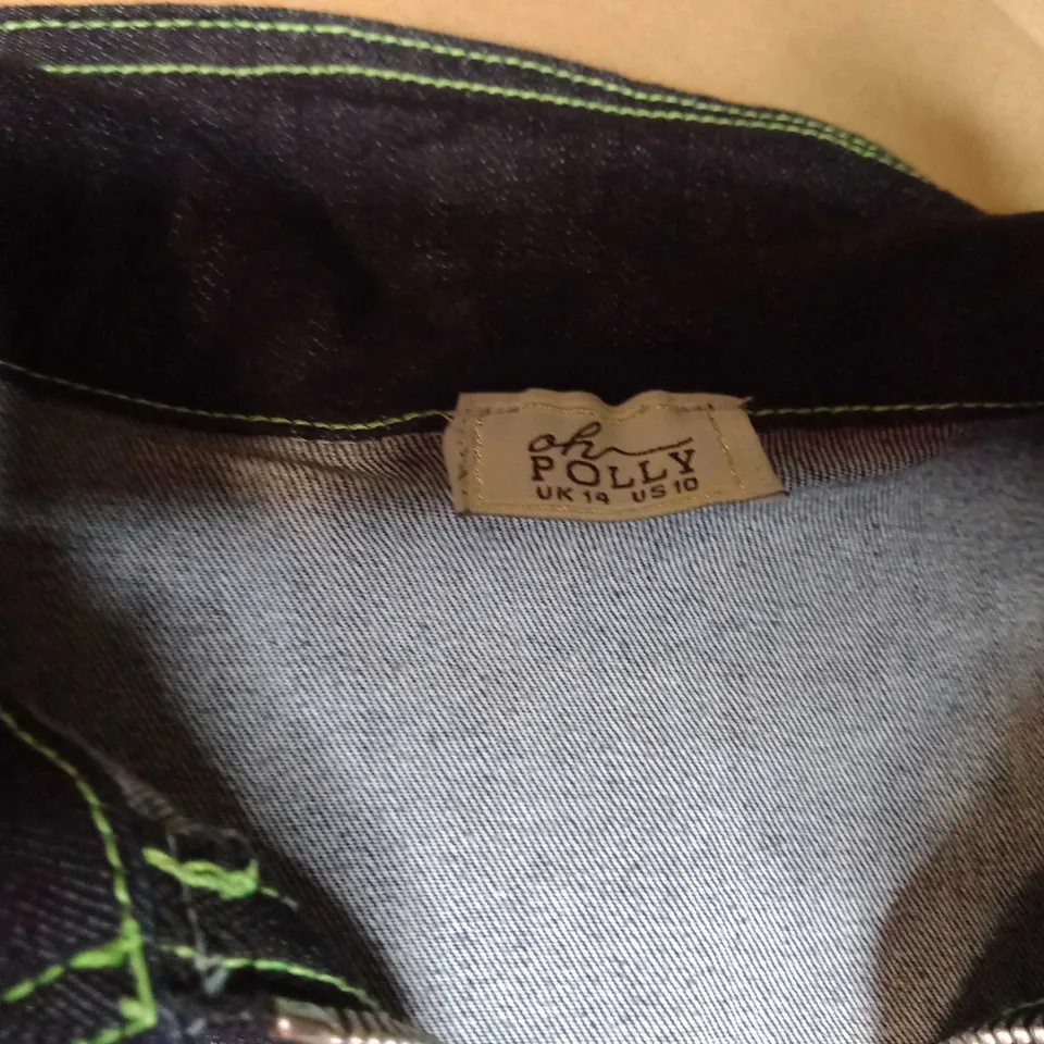 OH  POLLY DARK BLUE/GREEN DETAILED DENIM FORM FITTING PLAYSUIT - SIZE 14