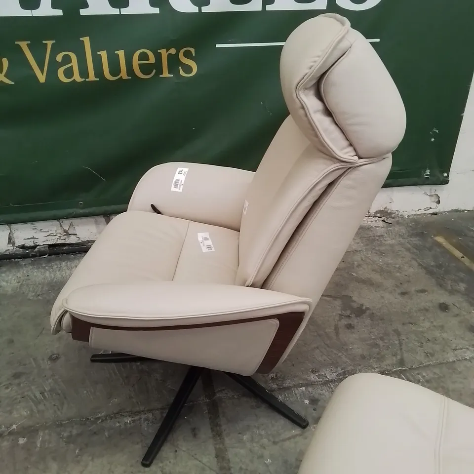 QUALITY BRITISH DESIGNER & MANUFACTURED G PLAN LUND MANUAL RECLINING SWIVEL CHAIR & FOOTSTOOL CAMBRIDGE STONE LEATHER