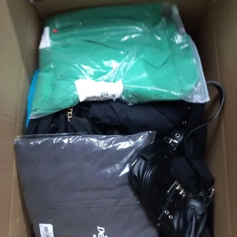 LARGE BOX OF APPROXIMATELY 25 ASSORTED CLOTHING ITEMS IN VARIOUS COLOURS, STYLES AND SIZES - COLLECTION ONLY