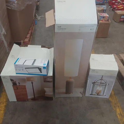 PALLET CONTAINING A VERY LARGE QUANTITY OF ASSORTED DESIGNER LIGHTING PRODUCTS INCLUDING: CLEMENTINE FLOOR LAMP, GRACIE FLOOR LAMP, HURRICANE PENDANT LIGHT ECT
