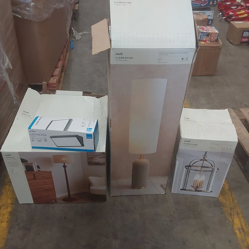 PALLET CONTAINING A VERY LARGE QUANTITY OF ASSORTED DESIGNER LIGHTING PRODUCTS INCLUDING: CLEMENTINE FLOOR LAMP, GRACIE FLOOR LAMP, HURRICANE PENDANT LIGHT ECT