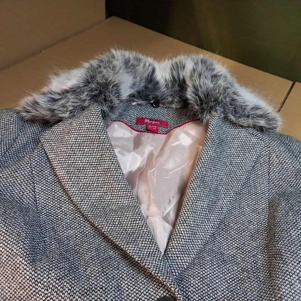 MONSOON BLACK/WHITE/FAUX FUR TRIMMED JACKET - SIZE 14