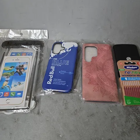 APPROXIMATELY 14 ASSORTED ITEMS TO INCLUDE - WATERPROOF PHONE CASE , WISDOM RE NEW BRUSHES , PHONE CASES ETC