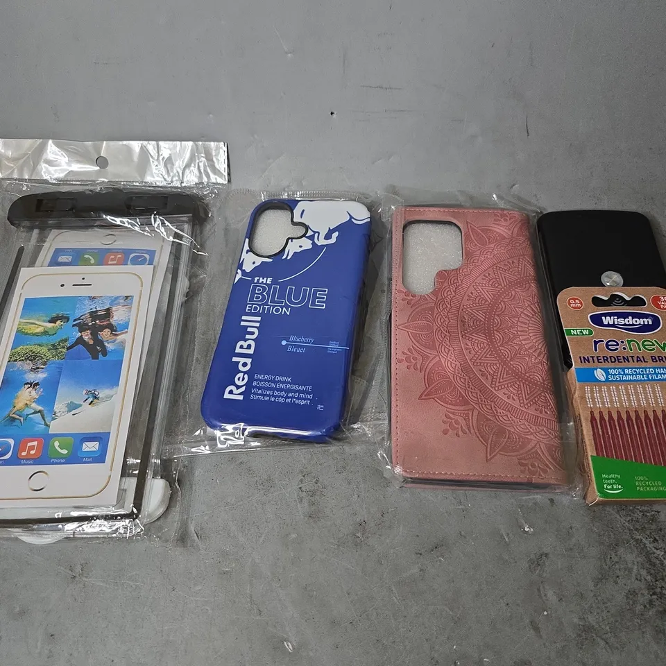 APPROXIMATELY 14 ASSORTED ITEMS TO INCLUDE - WATERPROOF PHONE CASE , WISDOM RE NEW BRUSHES , PHONE CASES ETC