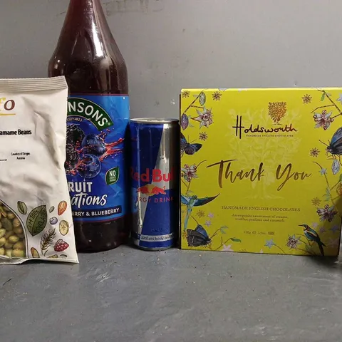 TOTE OF APPROX 10 ASSORTED FOOD ITEMS TO INCLUDE - HOLDSWORTH THANK YOU , RED BULL , PITACHIO CREAM ETC