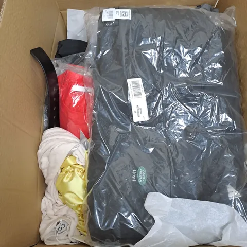 BOX OF ASSORTED CLOTHING ITEMS TOO INCLUDE JUMPERS, SHIRTS AND TROUSERS IN VARIOUS SIZES AND COLOURS   