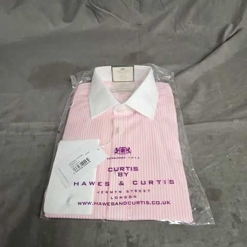 HAWES & CURTIS BENGAL STRIPE ST JAMES SLIM FIT NON-IRON SEMI CUTAWAY COLLAR DOUBLE CUFF SHIRT IN PINK & WHITE SIZE 16/34