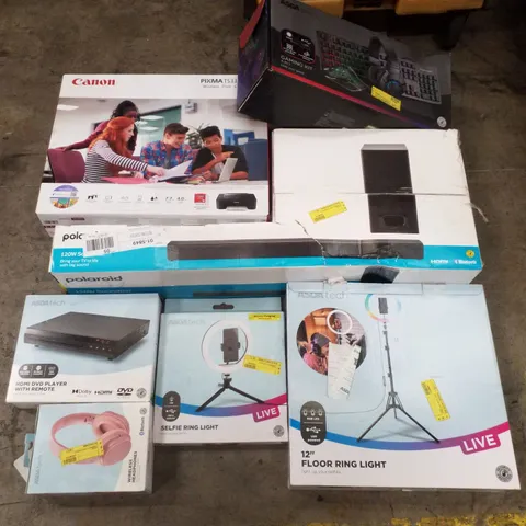 PALLET CONTAINING ASSORTED ELECTRICAL PRODUCTS INCLUDING CANON PIXMA TS3350 PRINTER, POLAROID 120W SOUNDBAR,  GAMING KIT, HDMI DVD PLAYER, 12" FLOOR RING LIGHT & WIRELESS HEADPHONES