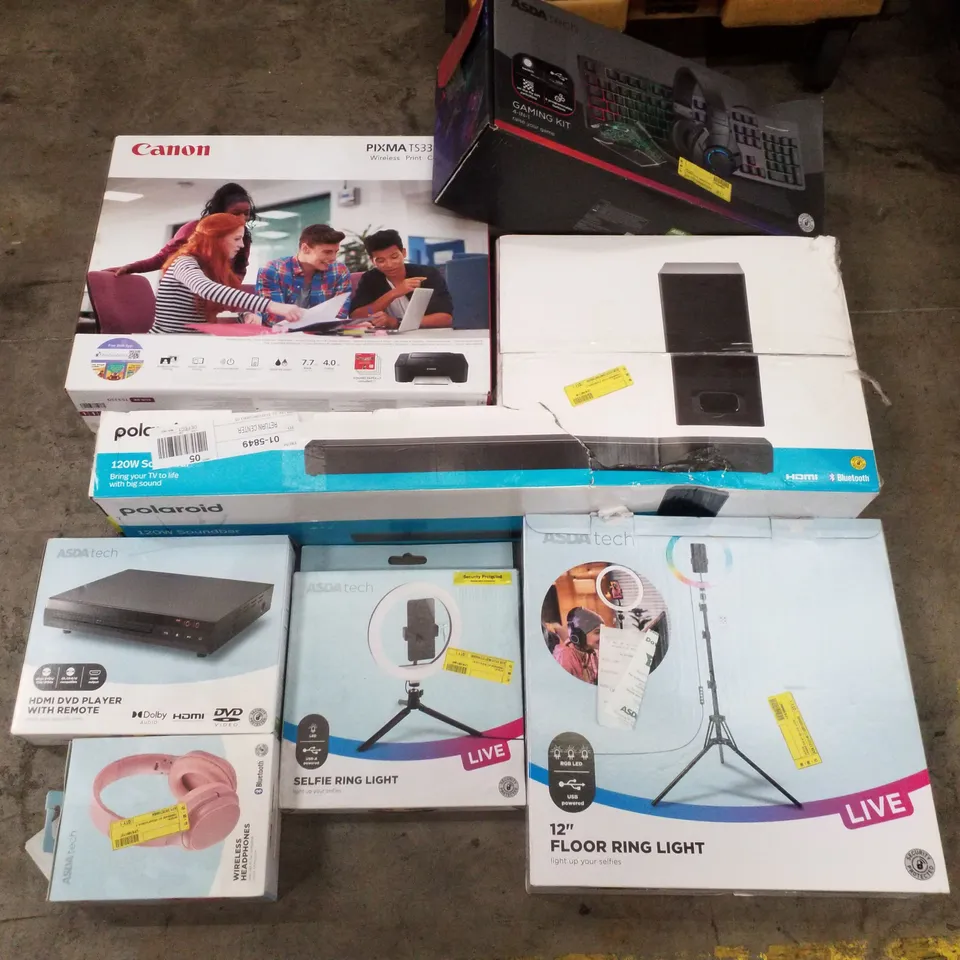 PALLET CONTAINING ASSORTED ELECTRICAL PRODUCTS INCLUDING CANON PIXMA TS3350 PRINTER, POLAROID 120W SOUNDBAR,  GAMING KIT, HDMI DVD PLAYER, 12" FLOOR RING LIGHT & WIRELESS HEADPHONES