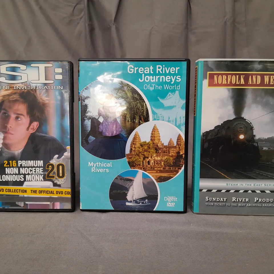 BOX OF APPROXIMATELY 20 ASSORTED DVDS TO INCLUDE CSI, GREAT RIVER JOURNEYS, NORFOLK AND WESTERN, ETC