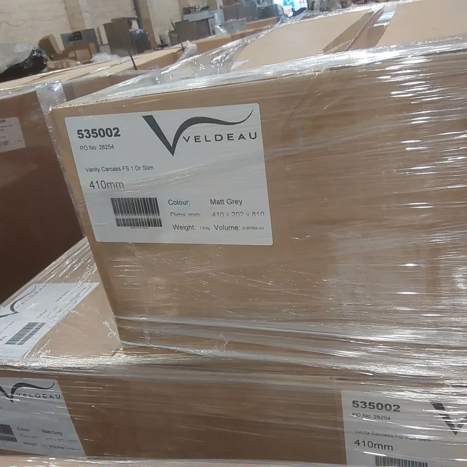 PALLET CONTAINING A LARGE QUANTITY OF ASSORTED BATHROOM FURNITURE PARTS INCLUDING: VELDEAU VANITY CARCASSES ECT